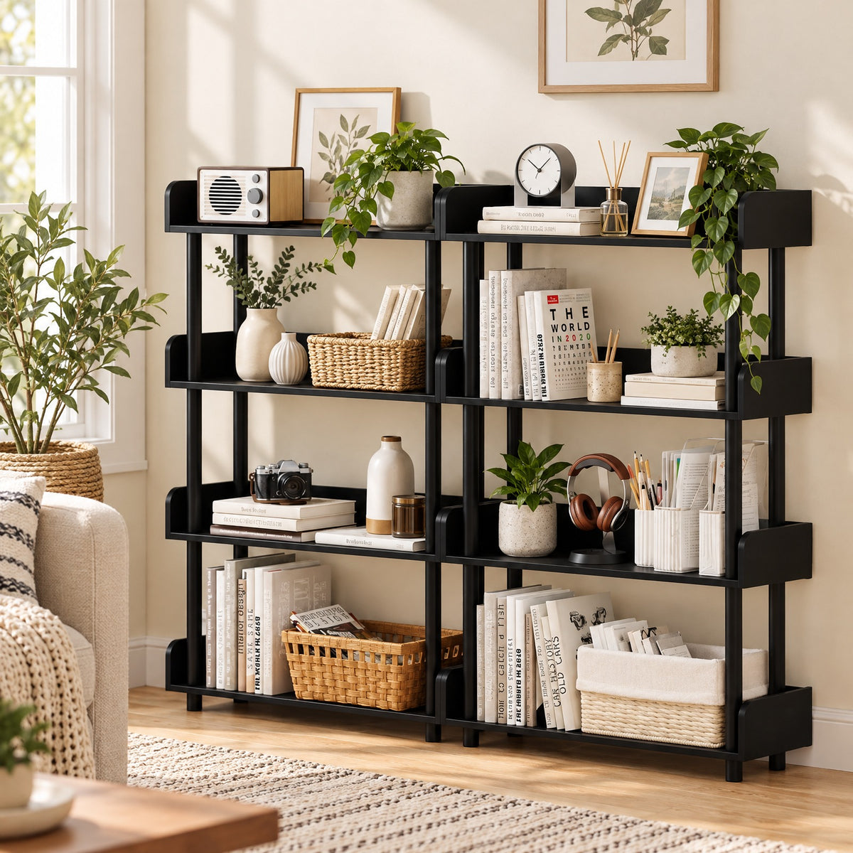 Airfind 4-Tier Bookshelf Open Bookcase with Anti-Tipping Kit Industrial Storage Unit, 33 lbs Capacity, Engineered Wood PE PP Frame, Black