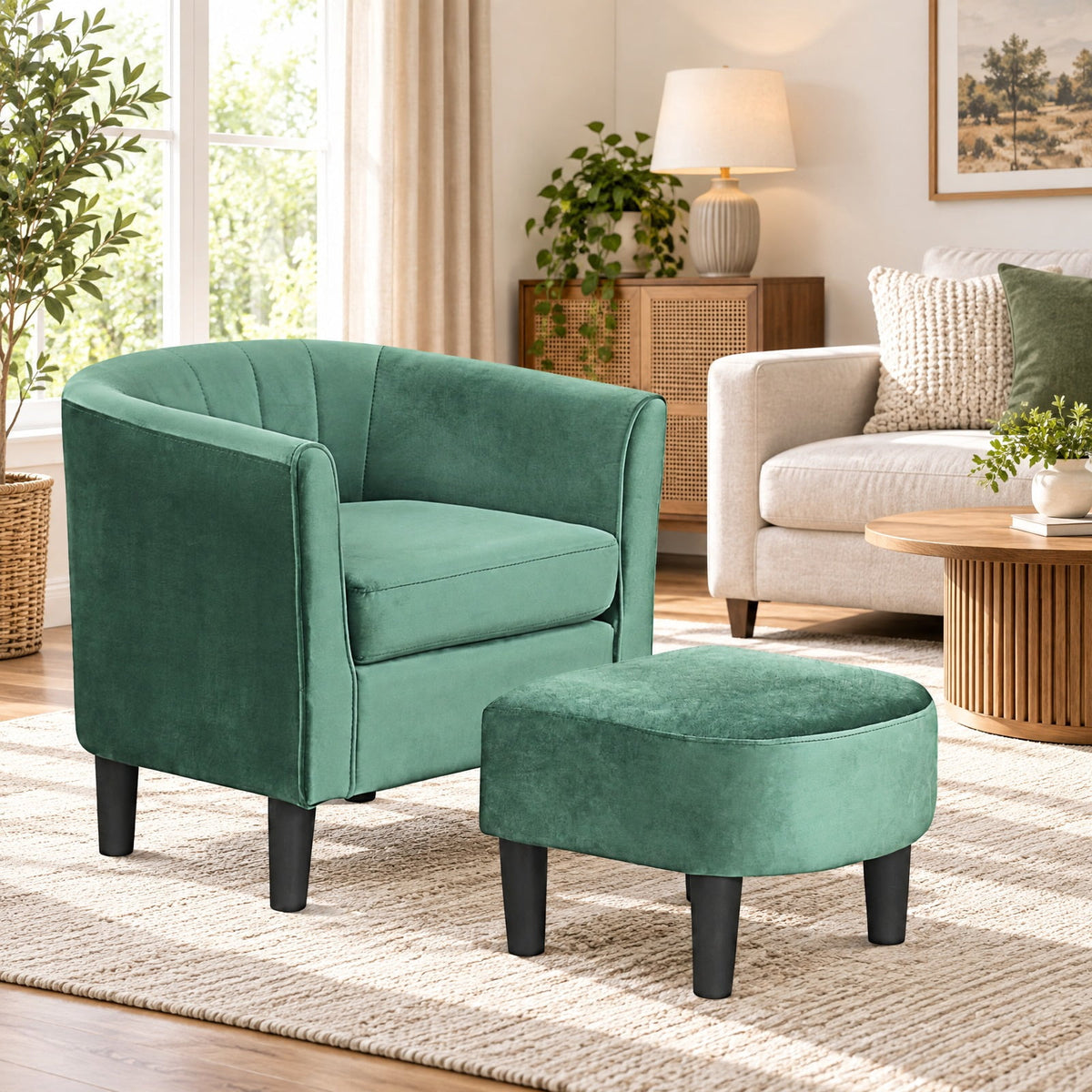 Airfind Upholstered Teddy Velvet Club Barrel Chair with Ottoman with Footrest, Velvet/ Teddy Velvet Sponge Plywood Plastic Frame, Green