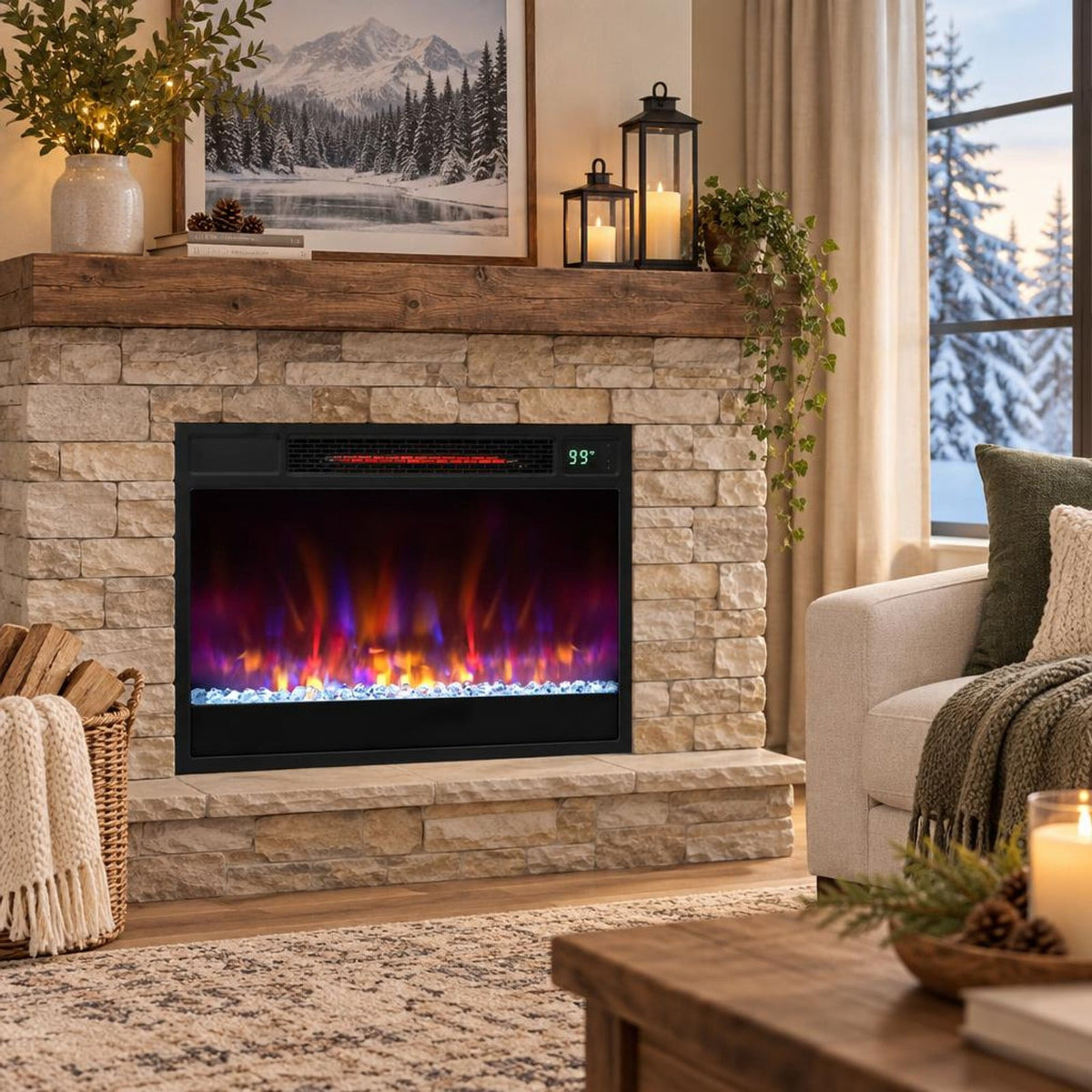 Airfind 23 Inch 1500W Recessed Electric Fireplace Insert with Remote Control, Metal Tempered Glass PS Frame, Black
