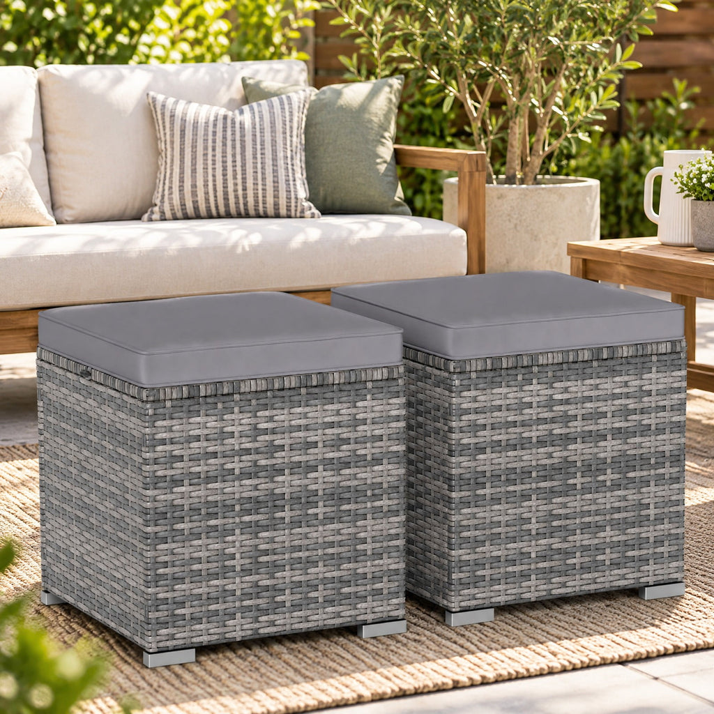 Airfind 2 Pieces Patio Ottoman with Hidden Storage Space-Mix Grey, 350 lbs Capacity, Metal PE Rattan Sponge Polyester Frame, Grey
