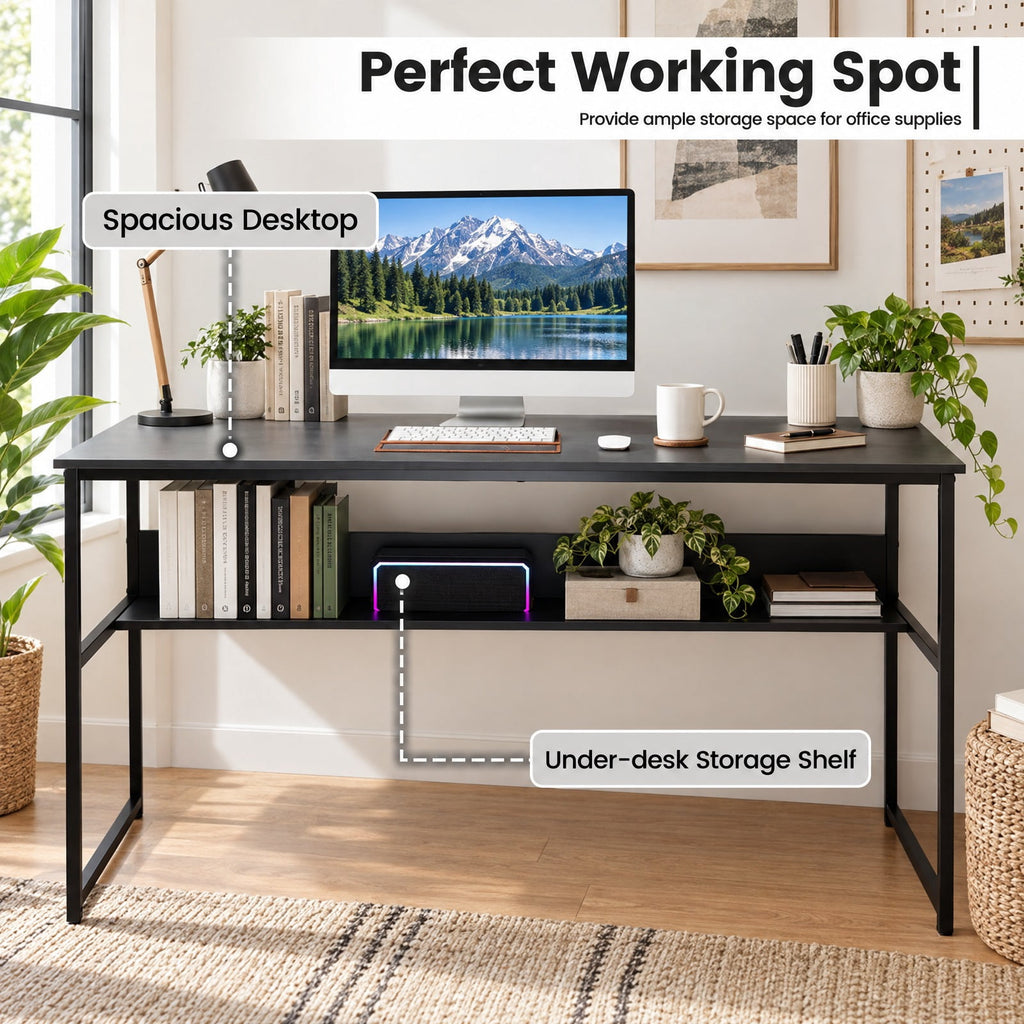 Airfind 55 x 24 inch Computer Desk with Power Outlets and USB Ports, 220 lbs Capacity, Engineered Wood Metal Frame, Black