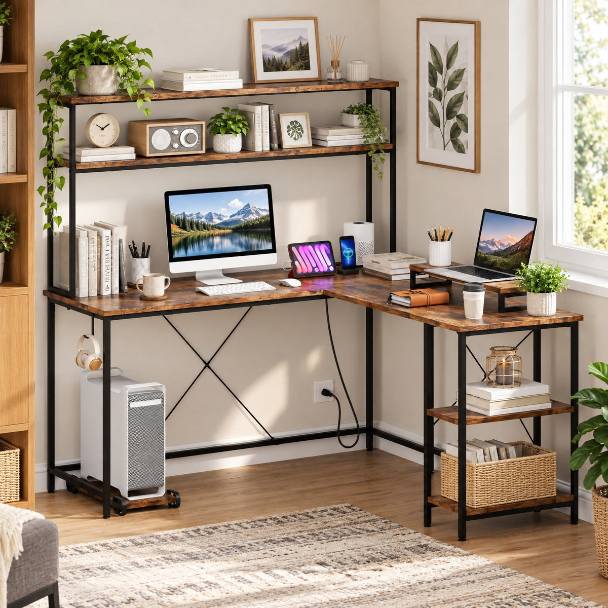 Airfind L-Shaped Reversible Gaming Desk with LED Strip and Power Outlets Hutch Monitor Stand, 310 lbs Capacity, Engineered Wood Metal Frame, Brown