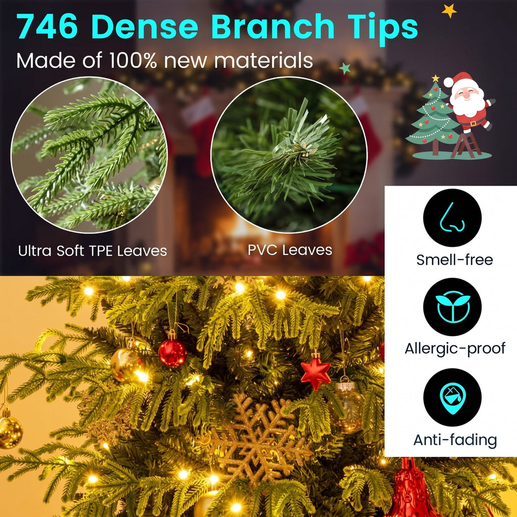 Airfind Artificial Christmas Tree with LED Lights and PVC Mixed Branch Tips-6, TPE PVC Metal Tree Height 6/7/8 ft Tree Width 3.9/4.3/4.7 ft Frame