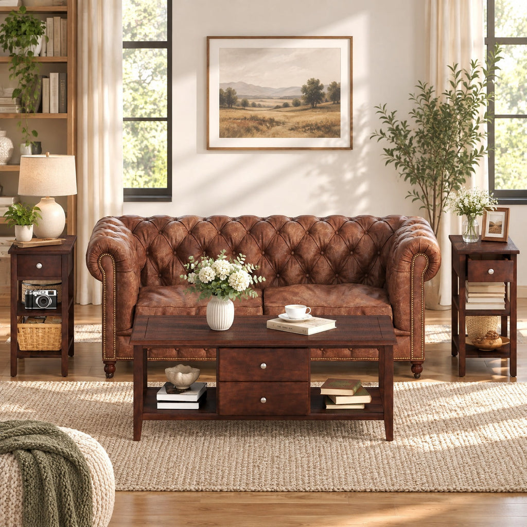 Airfind 3-Tier Narrow End Table with Drawer and Storage Shelves Set of 2, 210 lbs Capacity, MDF Rubber Wood Frame, Walnut
