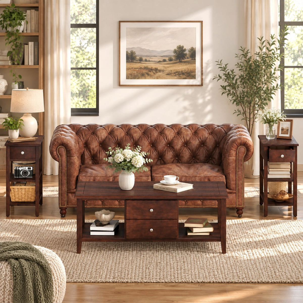 Airfind 3-Tier Narrow End Table with Drawer and Storage Shelves Set of 2, 210 lbs Capacity, MDF Rubber Wood Frame, Walnut