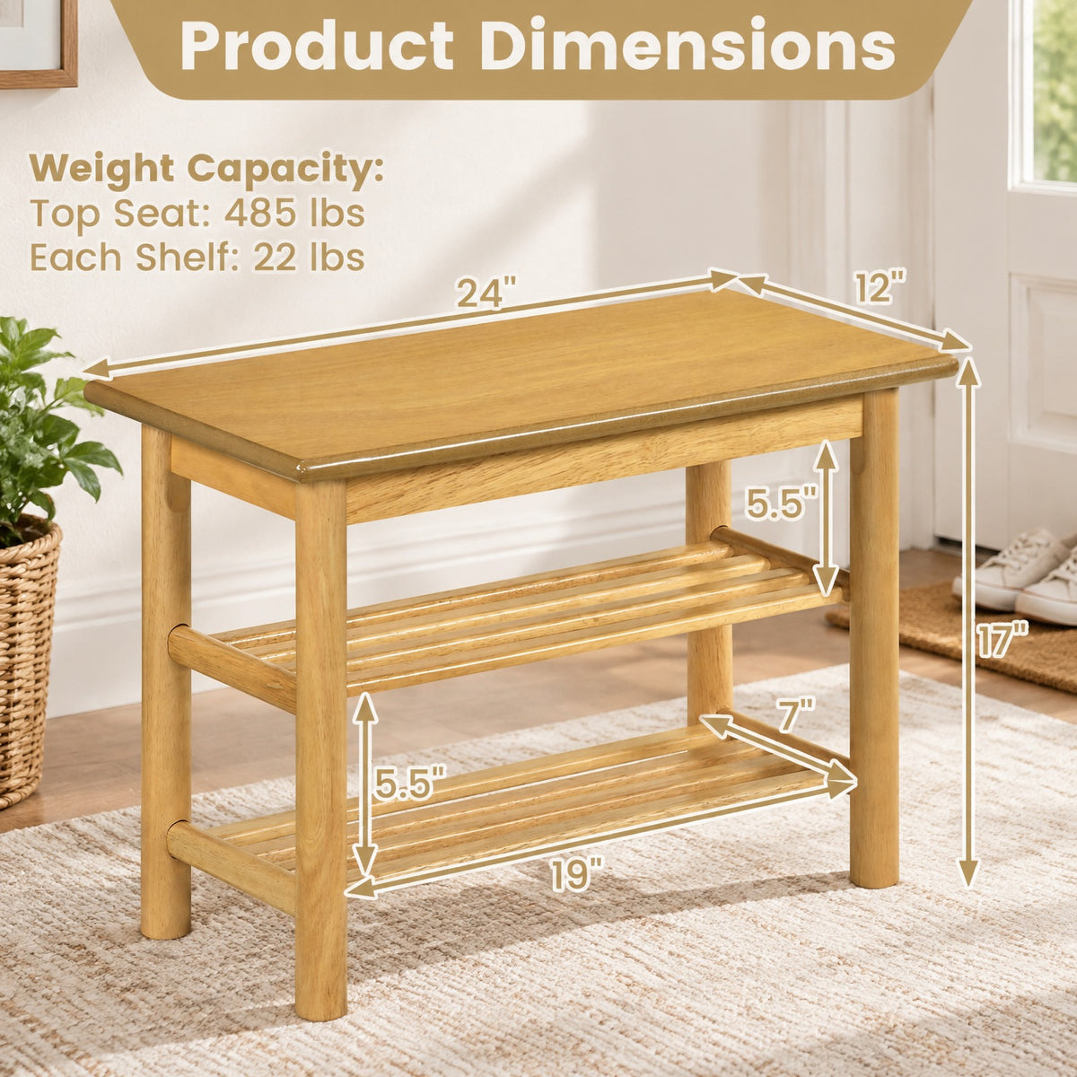 Airfind Shoe Rack Bench 3-Tier Rubberwood Shoe Changing Bench, 485 lbs Capacity, Rubberwood MDF Frame, 24 Inch x 12 Inch x 17 Inch Footprint, Natural