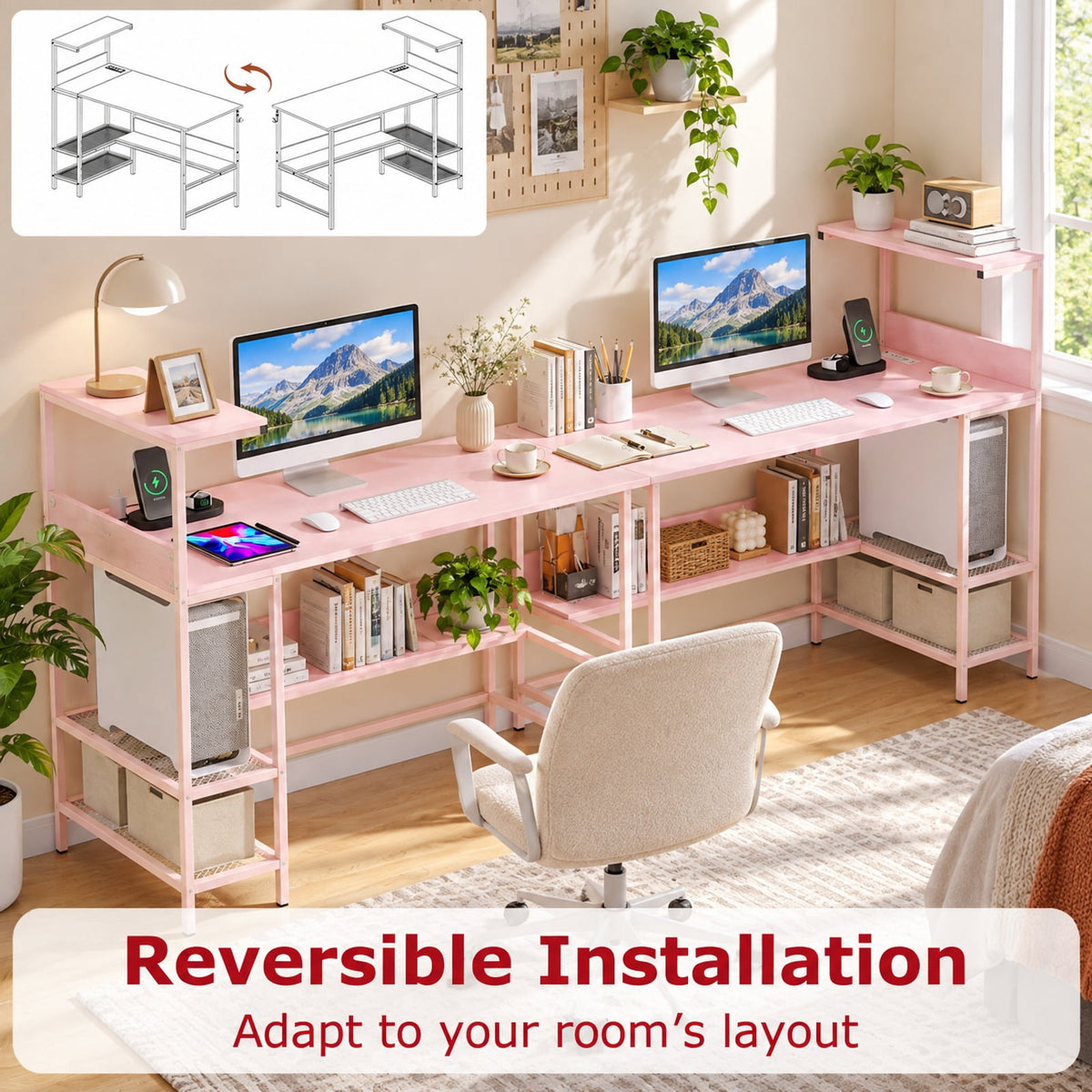 Airfind 48 Inch Computer Desk with Power Outlets and Storage Shelves, 88 lbs Capacity, Engineered Wood Metal Frame, 48 Inch x 23 Inch x 43.5 Inch Footprint