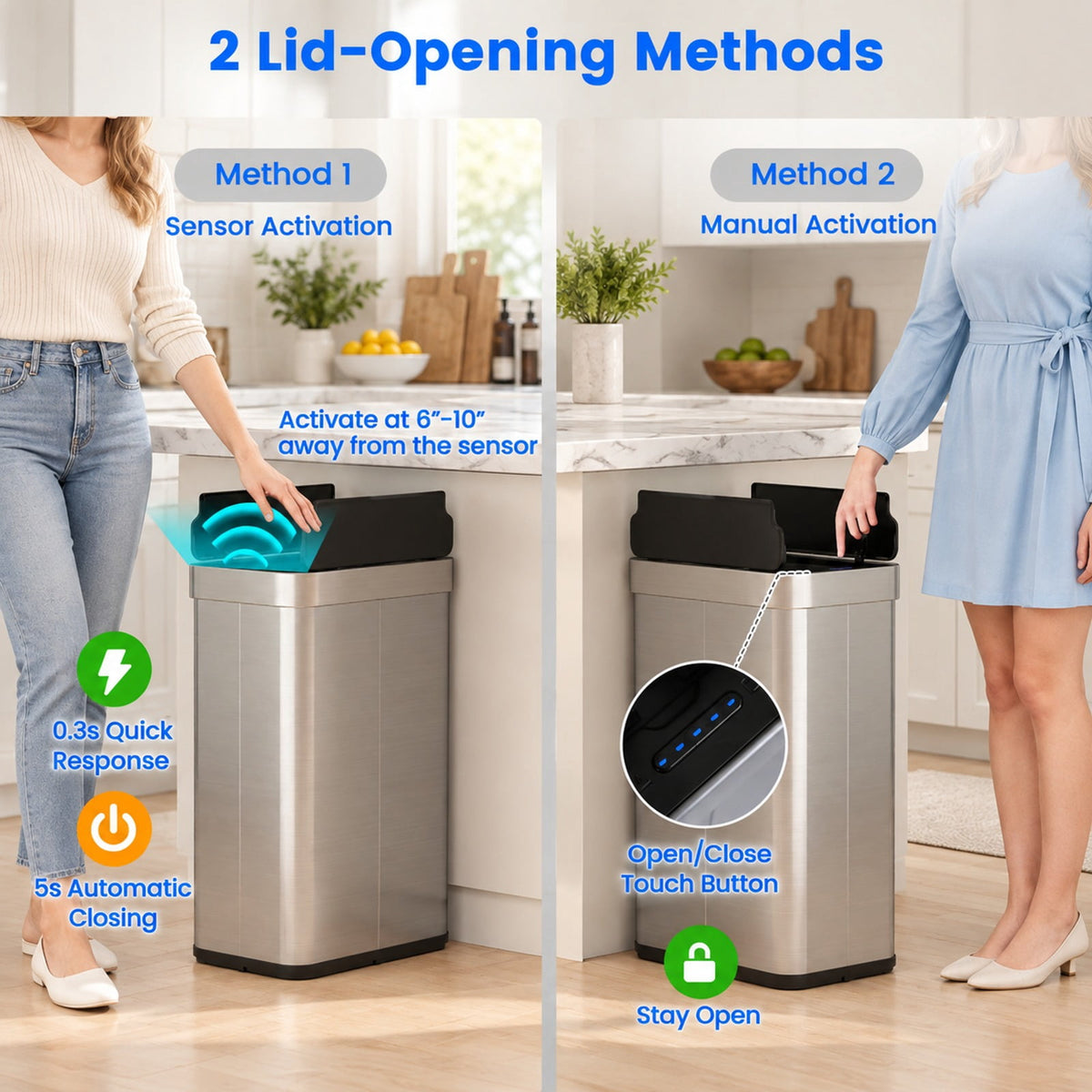 Airfind 16 Gallon Trash Can with Wing Lids for Bedroom Bathroom Kitchen, Stainless Steel ABS Frame, Silver
