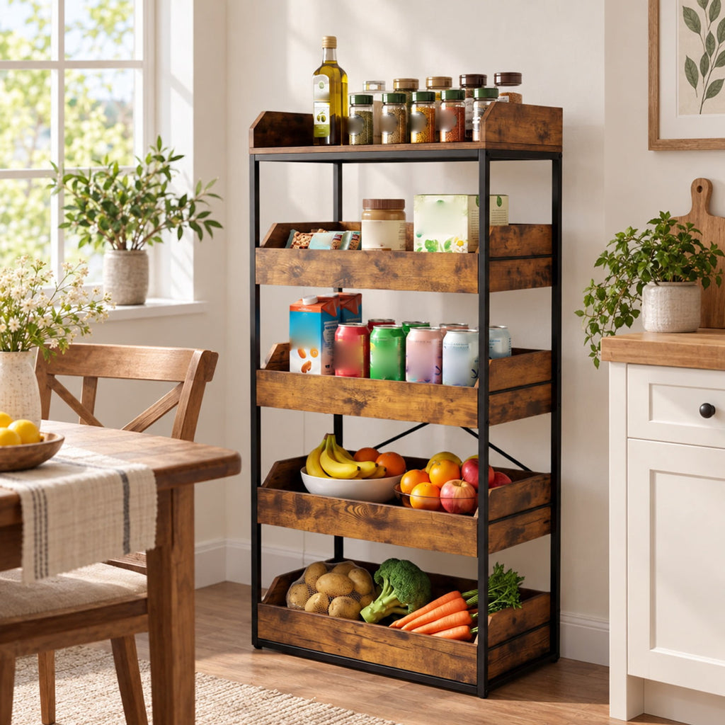 Airfind 5, Tier Food Storage Rack with 4 Pull, out Drawers and Adjustable Feet, Rustic Brown, Assembly needed, for Everyday Home Use