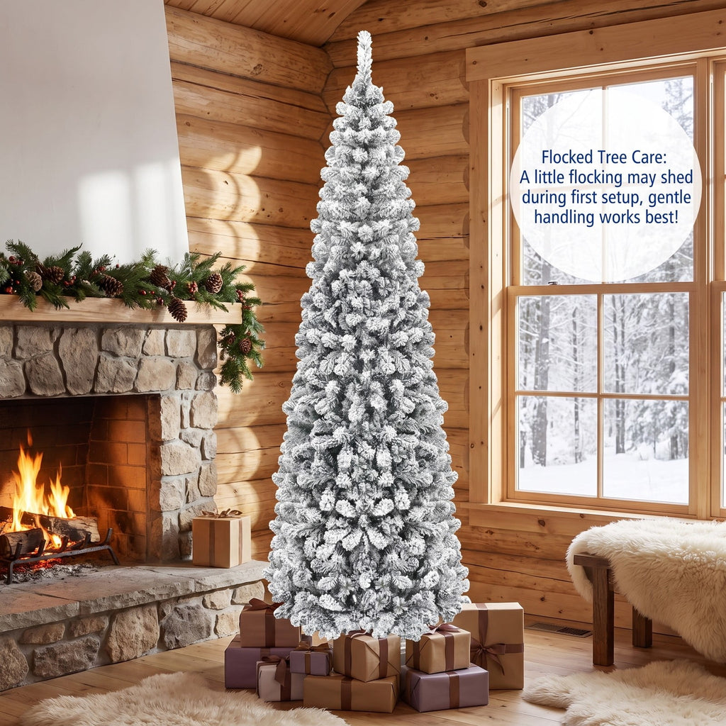 Airfind 7.5 Feet Unlit Hinged Snow Flocked Artificial Pencil Christmas Tree with 641 Tips, PVC Metal Tree Height 7.5 ft Tree Width 2.2 ft Frame