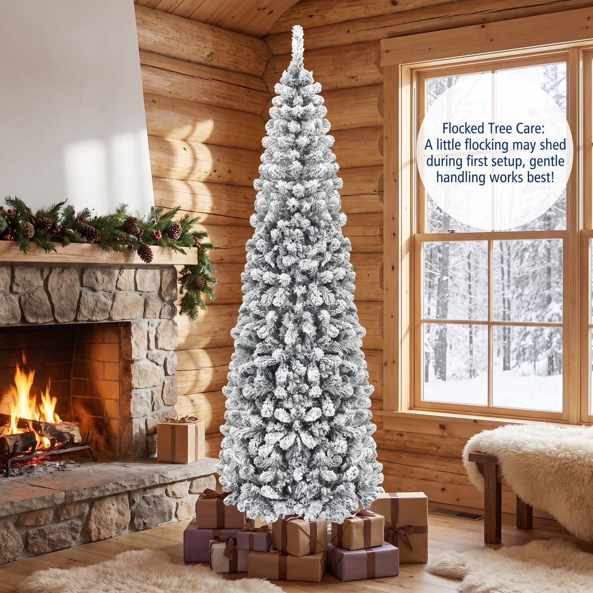 Airfind 7.5 Feet Unlit Hinged Snow Flocked Artificial Pencil Christmas Tree with 641 Tips, PVC Metal Tree Height 7.5 ft Tree Width 2.2 ft Frame