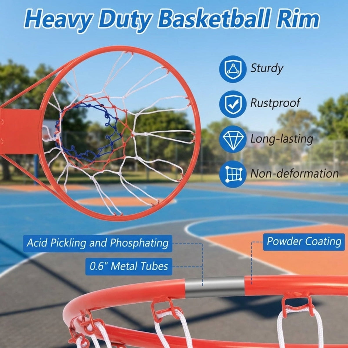 Airfind 18 Inch Replacement Basketball Rim with All-Weather Net and Powder-Coated Metal Frame for Backboard Hoop Repair and Outdoor Basketball Goal Restoration, Black and Orange