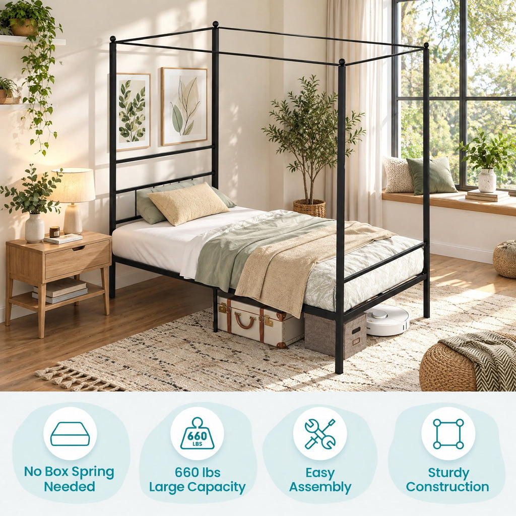 Airfind Twin/Full/Queen Size Metal Canopy Bed Frame with Slat Support, 660 lbs Capacity, Metal Clearance Between Bed and Floor: 12.5 Frame, Black