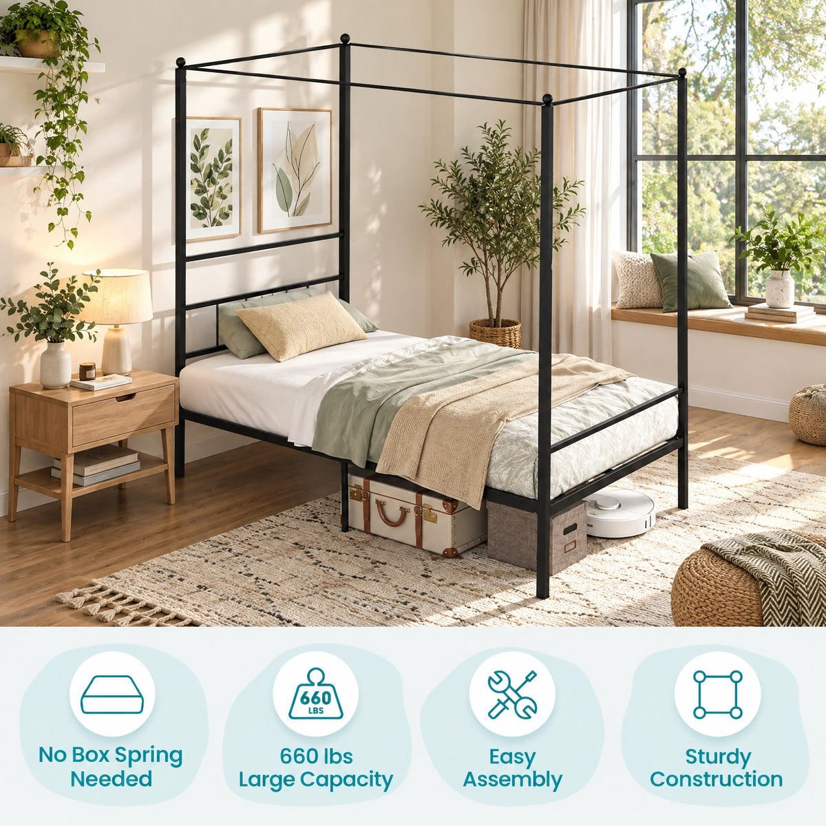 Airfind Twin/Full/Queen Size Metal Canopy Bed Frame with Slat Support, 660 lbs Capacity, Metal Clearance Between Bed and Floor: 12.5 Frame, Black