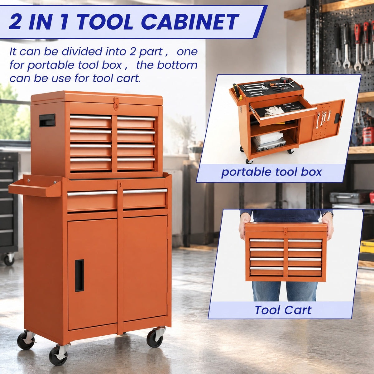 Airfind 2-in-1 Rolling Tool Chest with 5 Sliding Lockable Drawers, 220.5 lbs Capacity, Steel rubber-plastic synthetic Frame, Orange