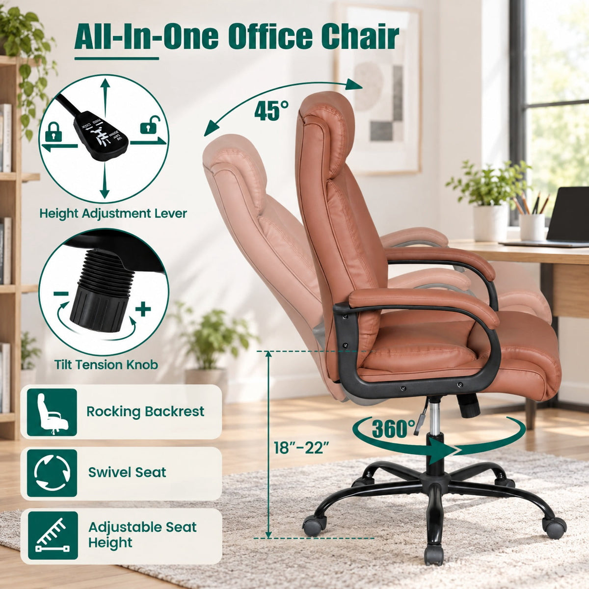Airfind 400LBS Big and Tall Chair High Back Executive Chair Ergonomic Leather Computer Chair, 400 lbs Capacity, Brown
