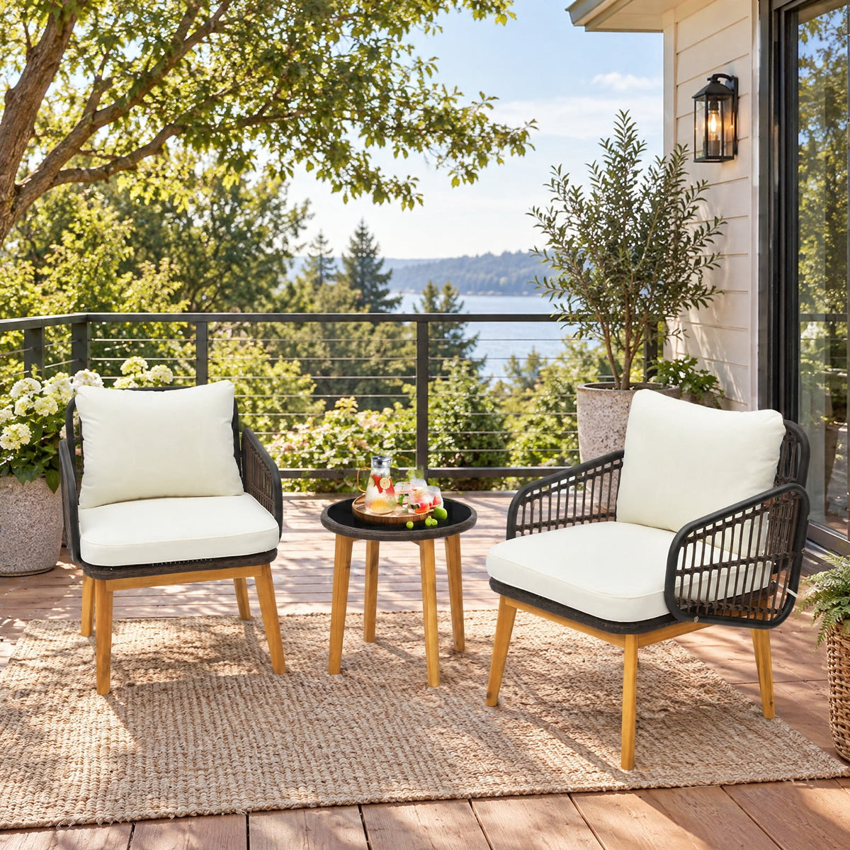 Airfind 3 Pieces Patio Furniture Set with Cushioned Chairs and Tempered Glass Side Table, 19 x 19.5 Footprint, Black