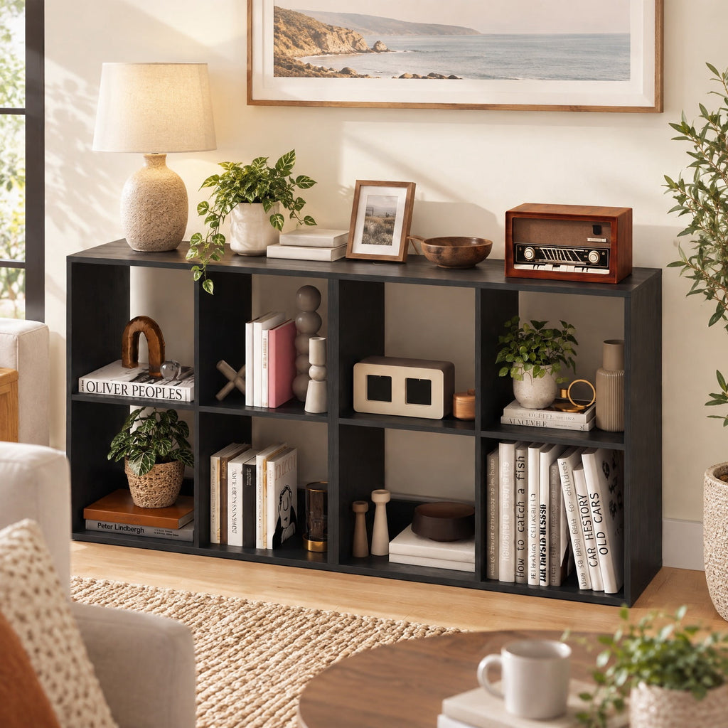 Airfind 4 Cube Bookshelf with Back Guardrail for Living Room Bedroom, 100 lbs Capacity, Engineered Wood Frame, 27.5 x 13 x 27.5 Footprint, Black