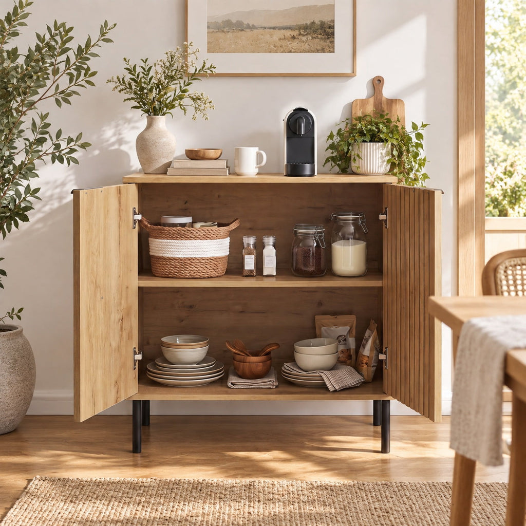 Airfind Fluted Buffet Cabinet with 2-Door Sideboard for Kitchen and Dining Room, Black Oak + BlackMaterial Engineered Wood MetalOverall