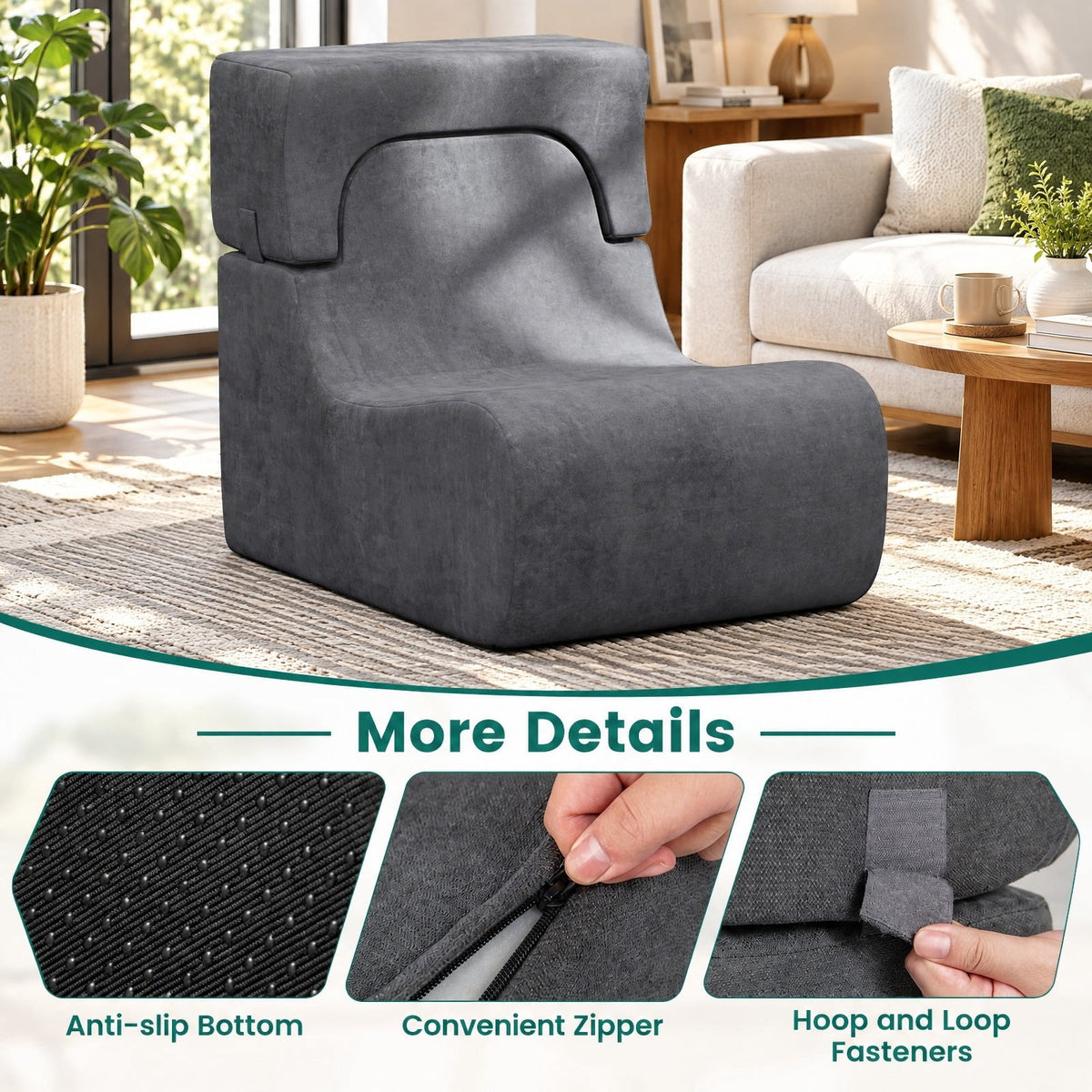 Airfind Floor Chair, Lazy Sofa with Detachable Headrest, 350 lbs Capacity, Ice Velvet Sponge Frame with Functional Design, Gray