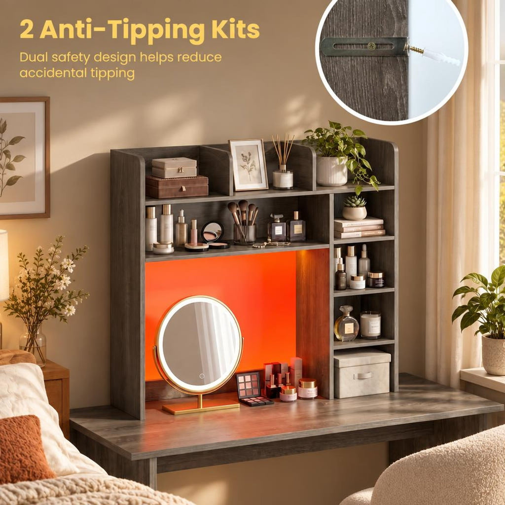 Airfind Desktop Bookshelf with LED Lights 35.5 inch Desk Hutch Storage Organizer, of Top Shelf 100 lbs Capacity, Engineered Wood Frame, Oak