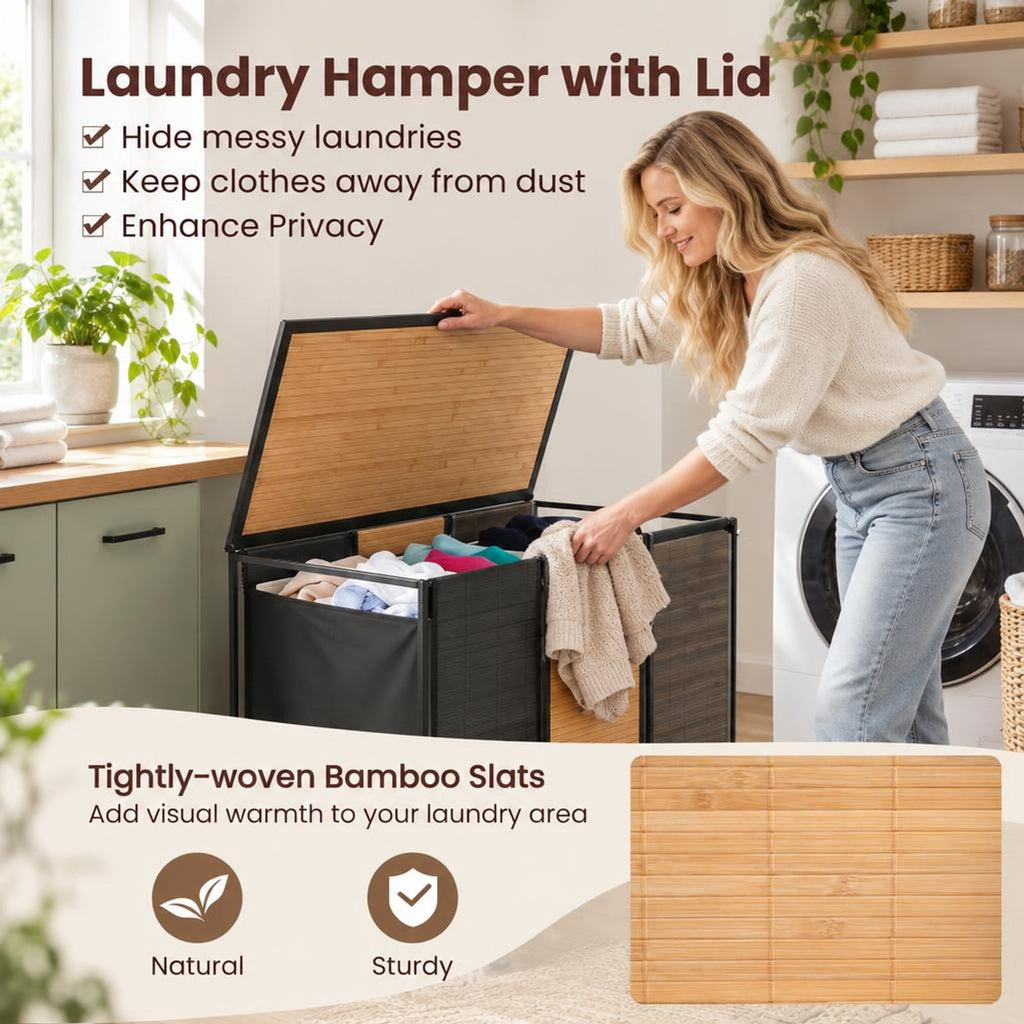 Airfind 21.4 Gal Laundry Hamper with Lid 3-Section with 2 Lockable Wheels, 11 lbs Capacity, Bamboo Metal Oxford Cloth Frame, Gray