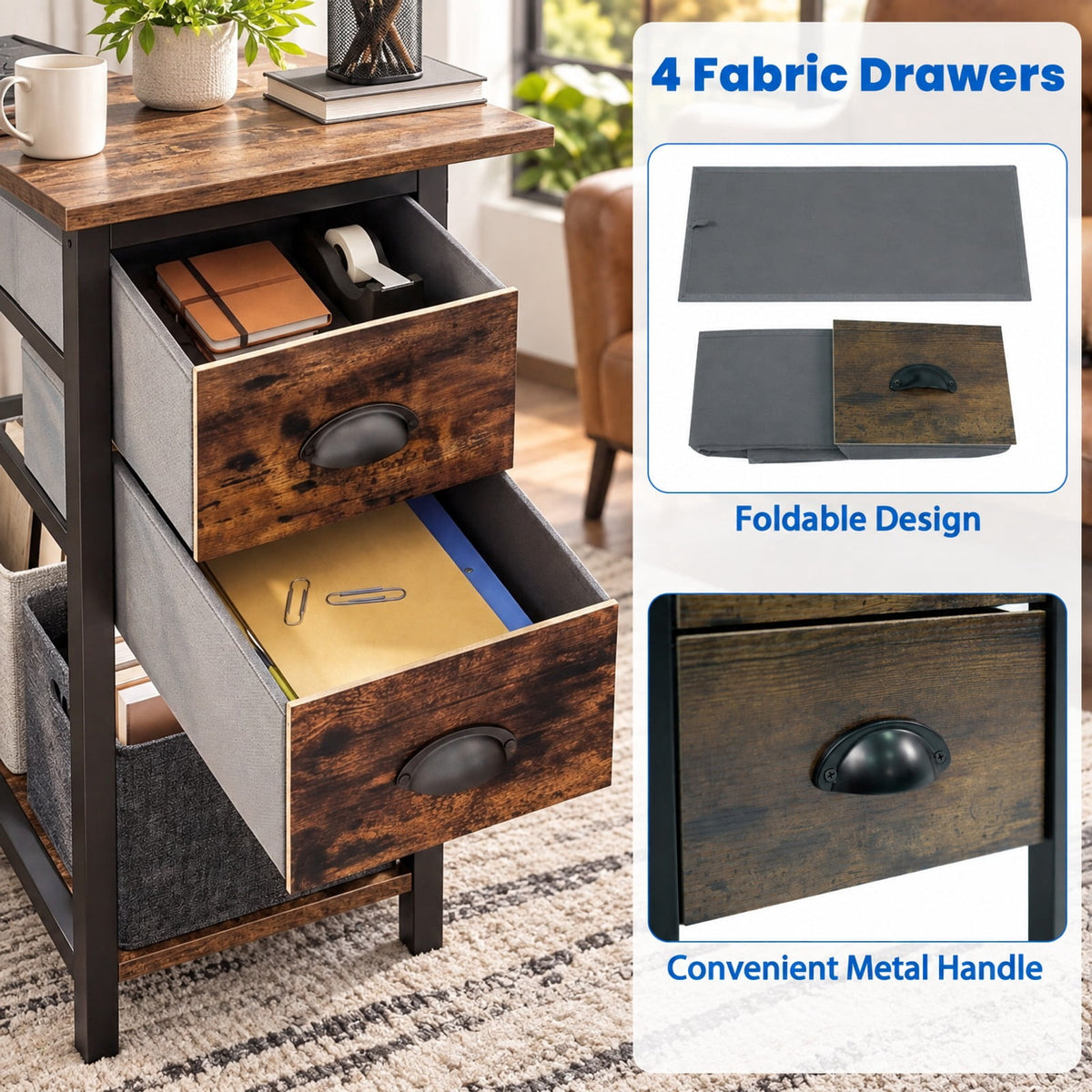 Airfind 48 Inches Computer Desk with Power Outlet Home Office Desk with 4 Fabric Drawers, 110 lbs Capacity, Engineered Wood Metal Fabric Frame