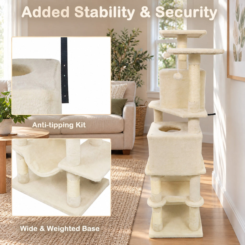 Airfind 57 Inch Cat Tree with Dual Condos and Hammock and 2 Dangling Balls, 29 x 16 Footprint, Beige