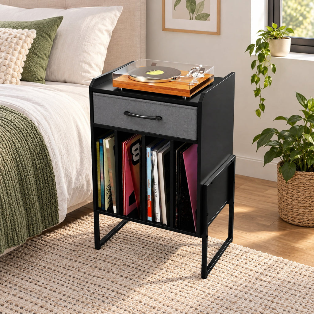 Airfind Record Player Stand with Drawer and Record Holder, 66 lbs Capacity, Engineered Wood MDF Metal Non-woven Fabric Frame, Black