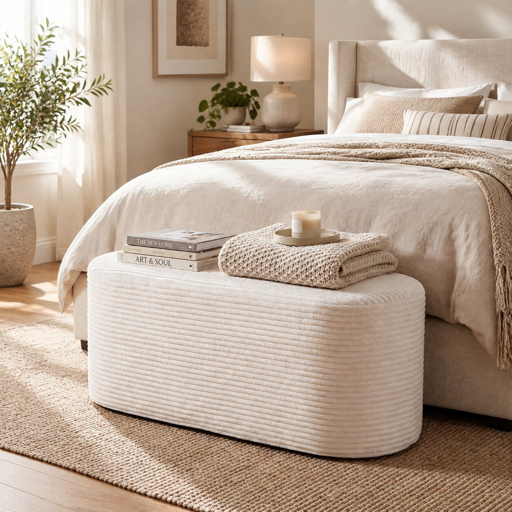 Airfind Upholstered Ottoman Bench with High-Density Sponge, 175 lbs Capacity, Corduroy Polyester Sponge Frame, 47 x 18 x 19 Footprint, Beige