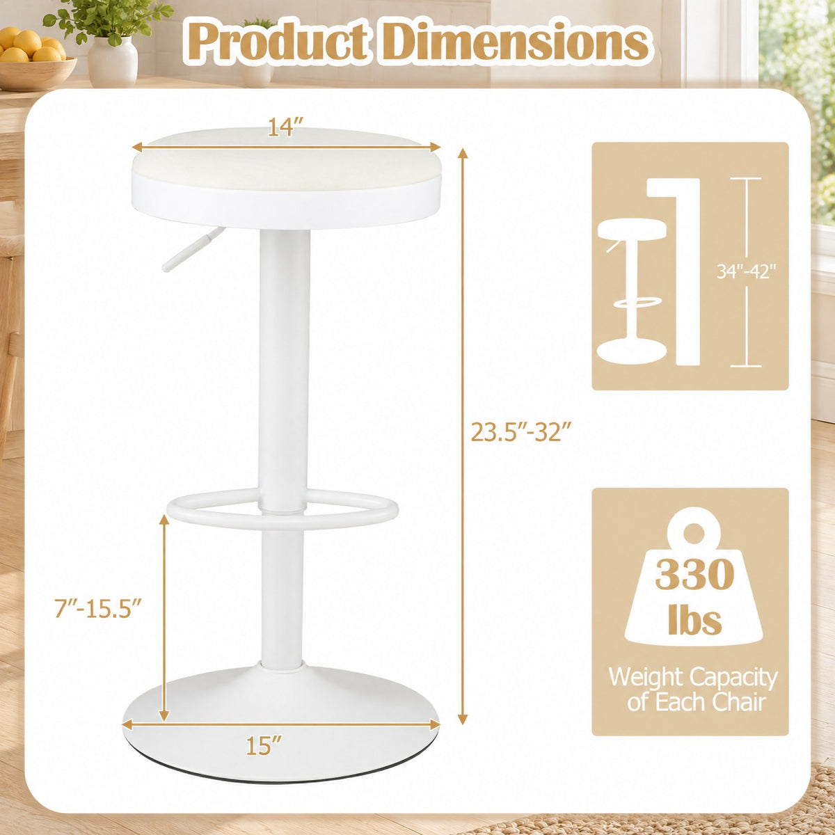 Airfind Set of 2 Kitchen Bar Stools with Height Adjustment Padded Seat and D-Shaped Footrest, 330 lbs Capacity, Metal Sponge Fabric Frame, White