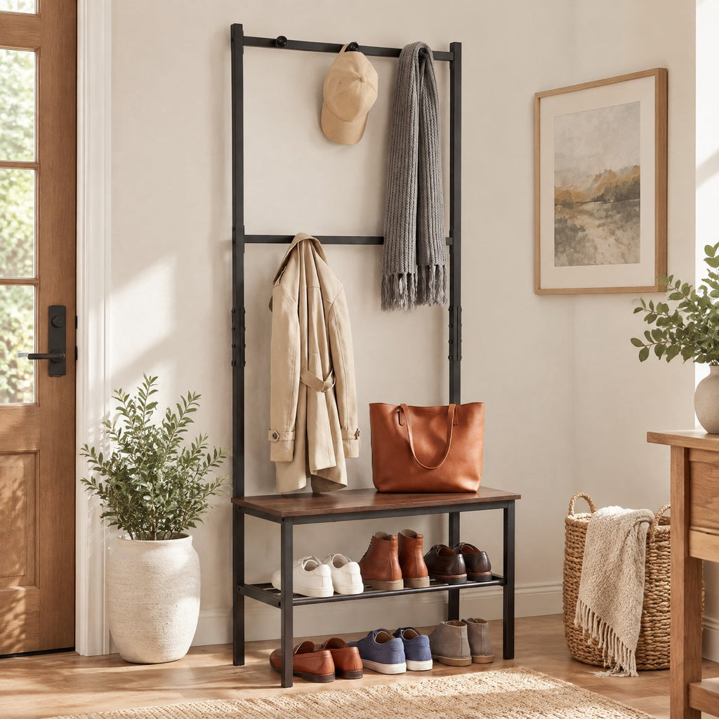 Airfind 3-in-1 Hall Tree Freestanding Entryway Bench with Hooks, 220 lbs Capacity, Metal Engineered Wood ABS Frame, Rustic Brown + Black