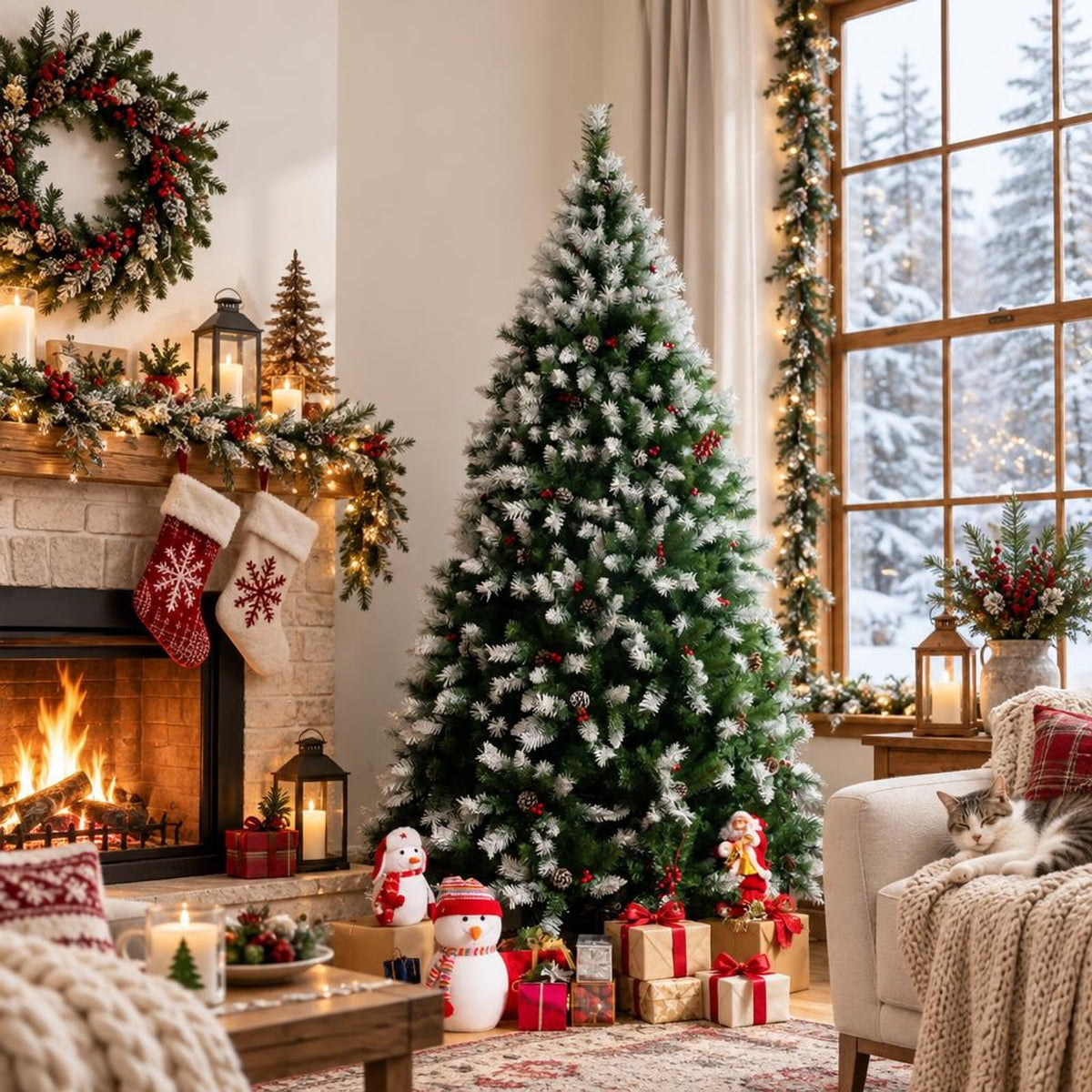 Airfind Pre-Lit Hinged Lifelike Lush Artificial Christmas Tree with PVC Tips-7.5 Feet, PVC metal Frame, 6ft x 3.6ft/7.5ft x 4.2ft/9ft x 4.7ft Footprint
