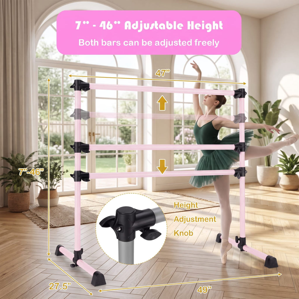 Airfind 4 Feet Double Ballet Barre with Adjustable Height and Anti Skid Pads for Home Dance Studio Stretching and Practice, Pink