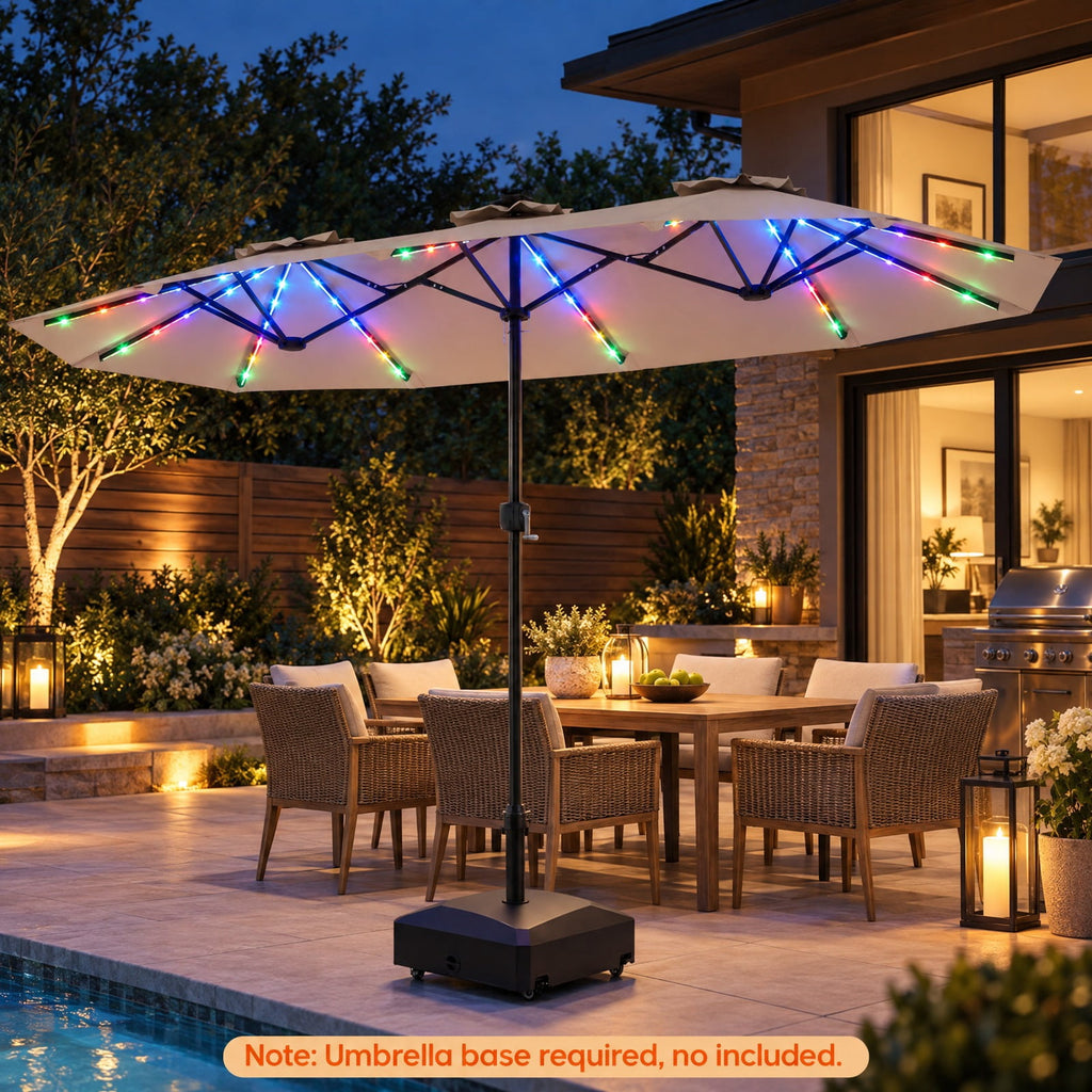 Airfind 13 FT Double-Sided Patio Umbrella with Color-Changing Flowing Solar LED Lights, Polyester Fabric Metal Frame, 13 x 7 ft Footprint, Brown