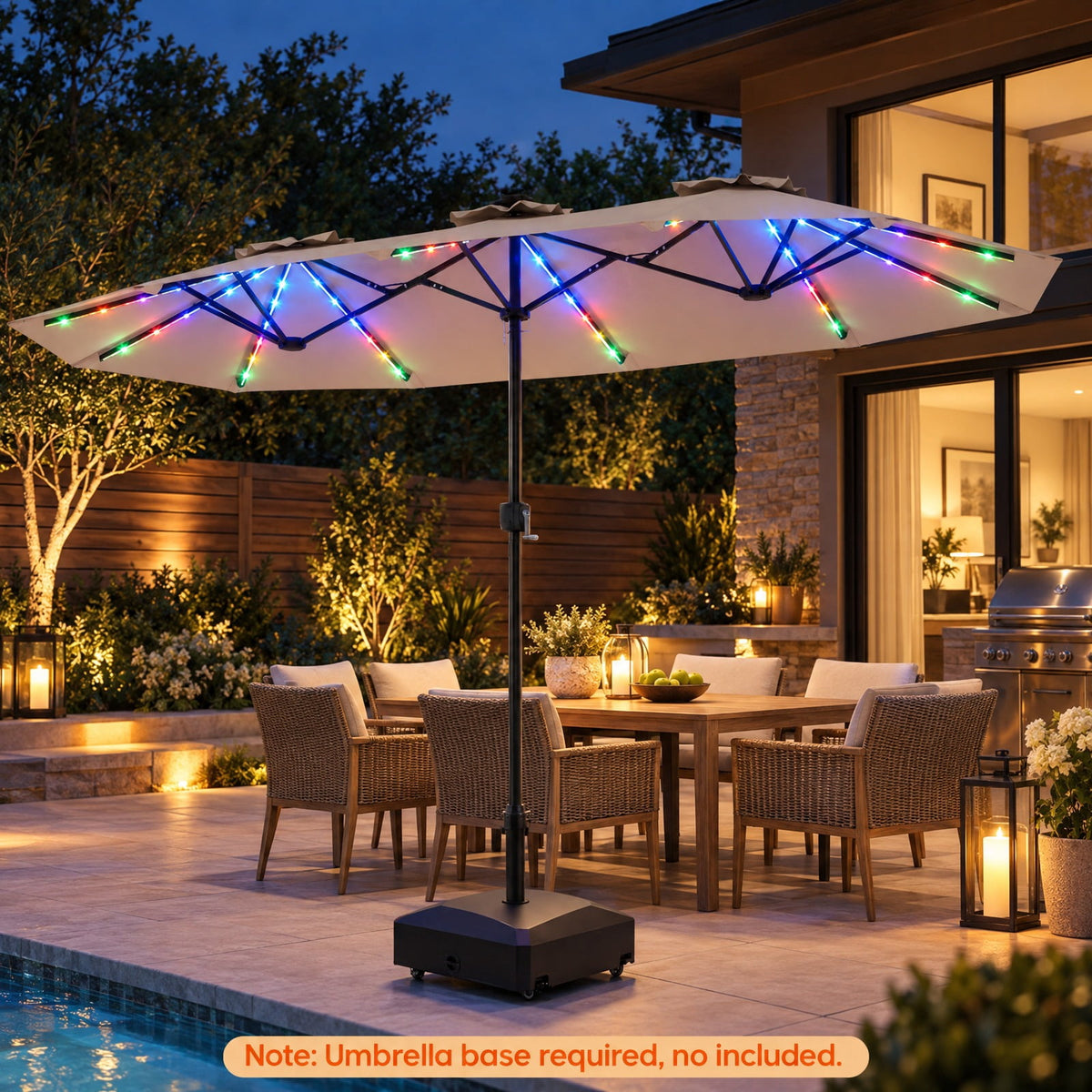 Airfind 13 FT Double-Sided Patio Umbrella with Color-Changing Flowing Solar LED Lights, Polyester Fabric Metal Frame, 13 x 7 ft Footprint, Brown