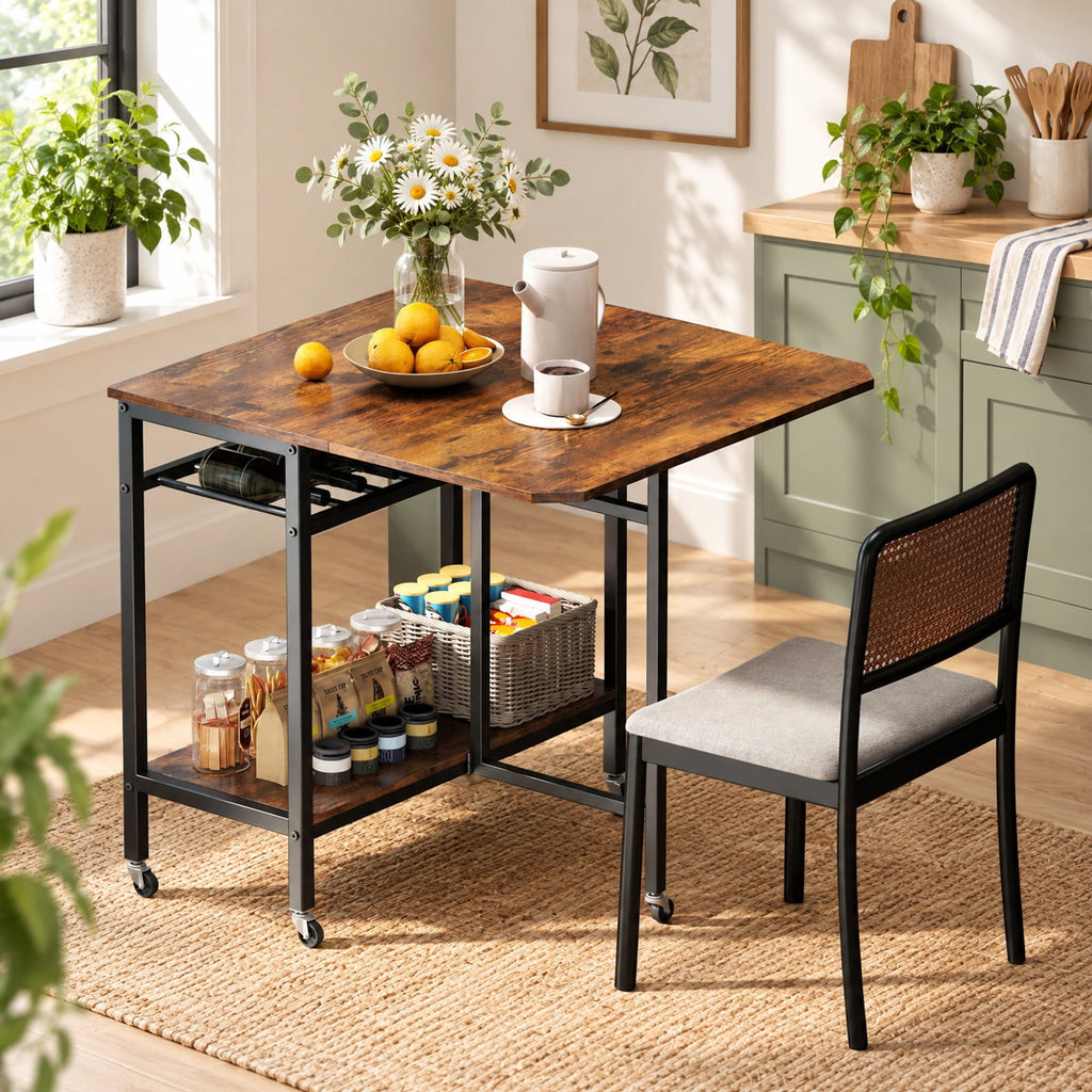 Airfind Folding Dining Table with Expandable Laptop with Wine Rack and Wheels, 66 lbs Capacity, Engineered Wood Metal Frame, Brown