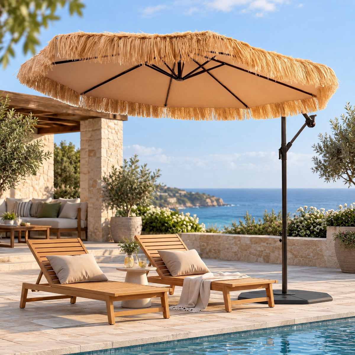 Airfind 10 FT Solar Thatched Cantilever Umbrella with 12 Modes and Crank Lift, PE Thatch Polyester Fabric Metal ABS Frame, Brown