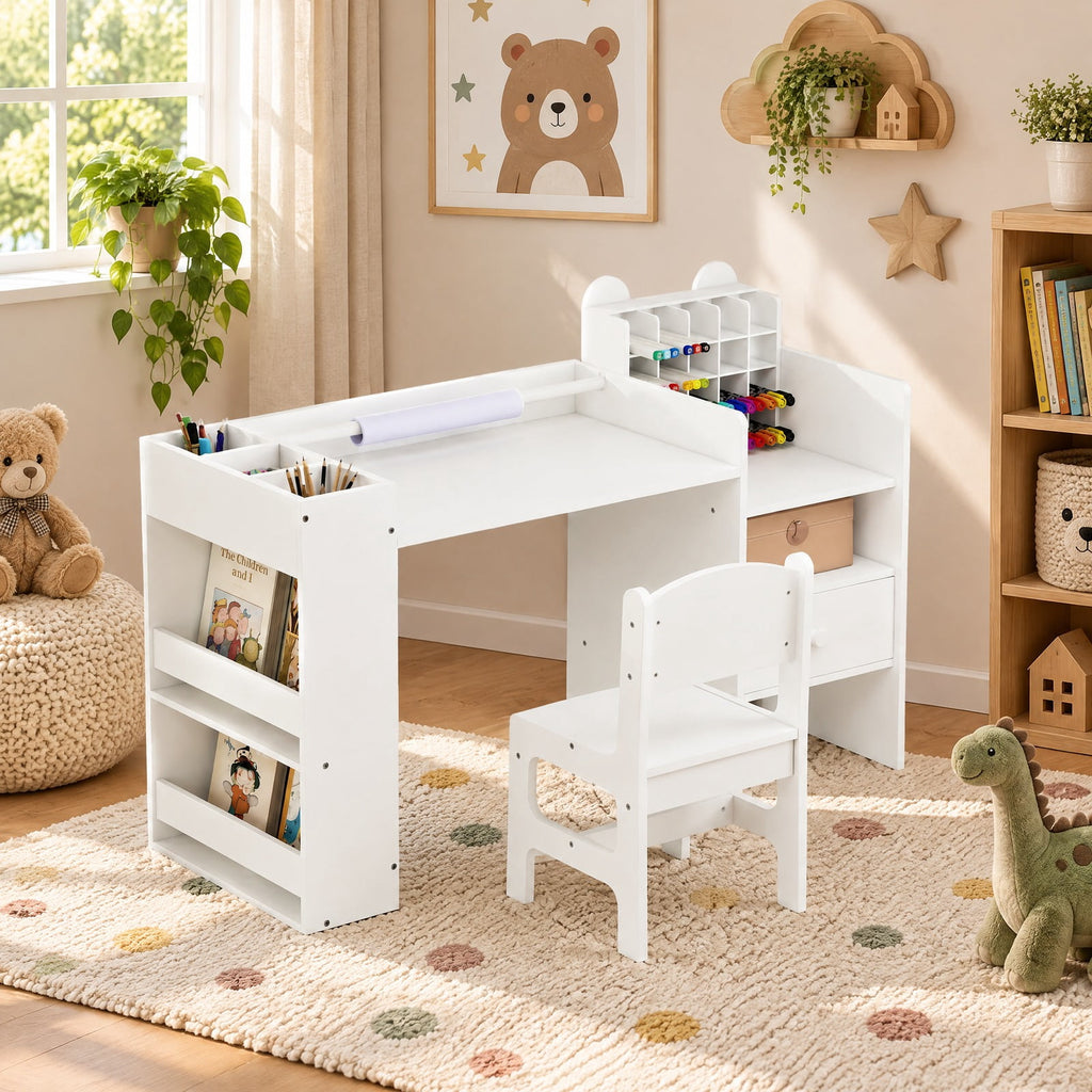 Airfind Kids Art Table and Chair Set with Detachable Paper Roll Holder and Cabinet, 66 lbs Capacity, MDF Frame, for 3+, White