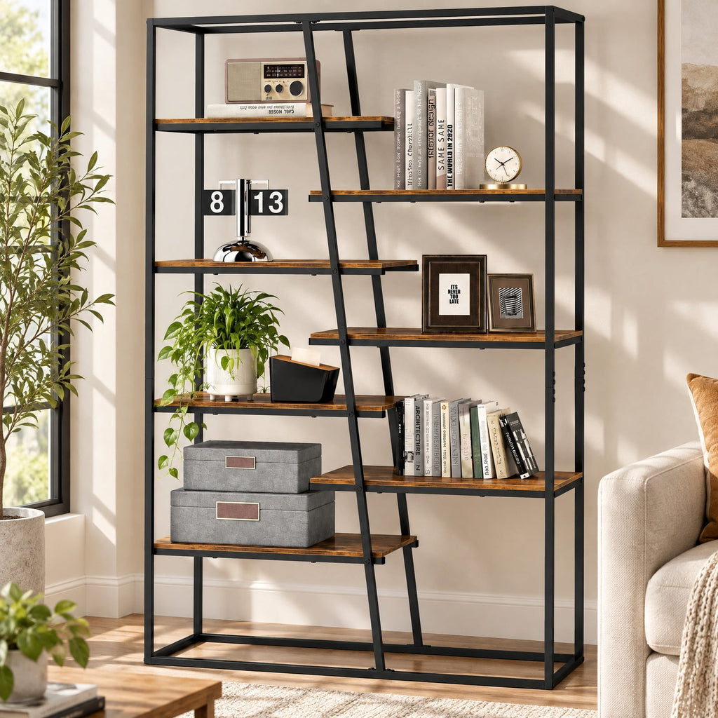 Airfind 71-Inch 7-Tier Industrial Etagere Bookcase with Heavy-duty Metal Frame, Engineered Wood Metal Frame, 45in x 16in x 71in Footprint, Brown