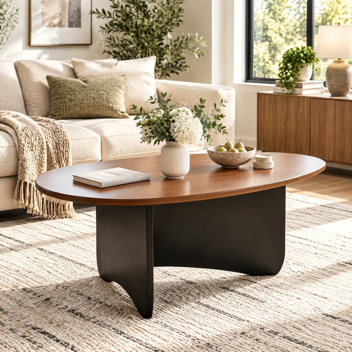 Airfind Oval Coffee Table Mid Century Modern Accent Table Low Profile Wooden Center Table, 35.5 x 21.5 x 15Weight Footprint, Black