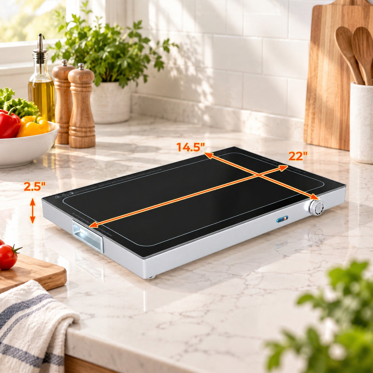 Airfind Electric Warming Tray with Adjustable Temperature and Built, Tempered Glass Stainless Steel Galvanized Steel Frame, Black and Silver