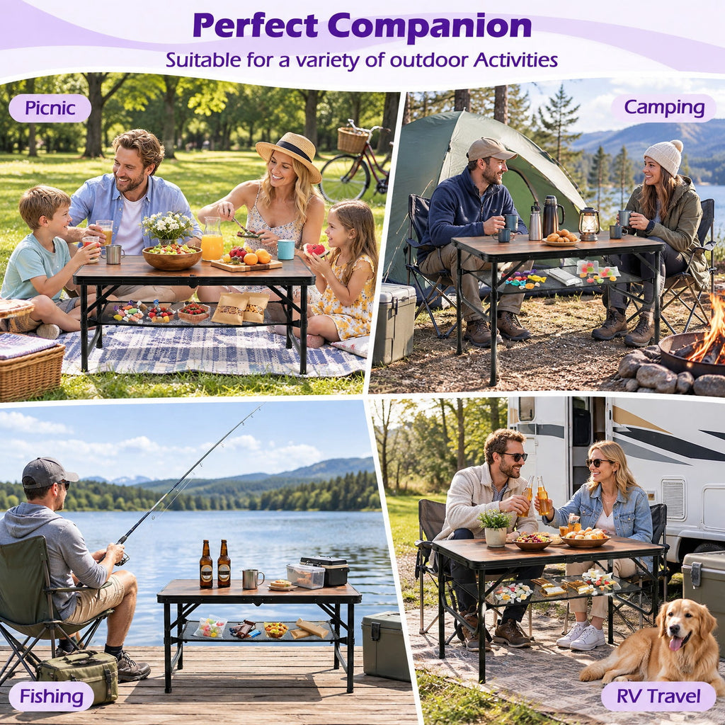 Airfind Folding Camping Table with Adjustable Heights Storage Net and Handle-Black and Brown, 135 lbs Capacity, 37 Inch x 24 Inch x 16 Inch Footprint, Black