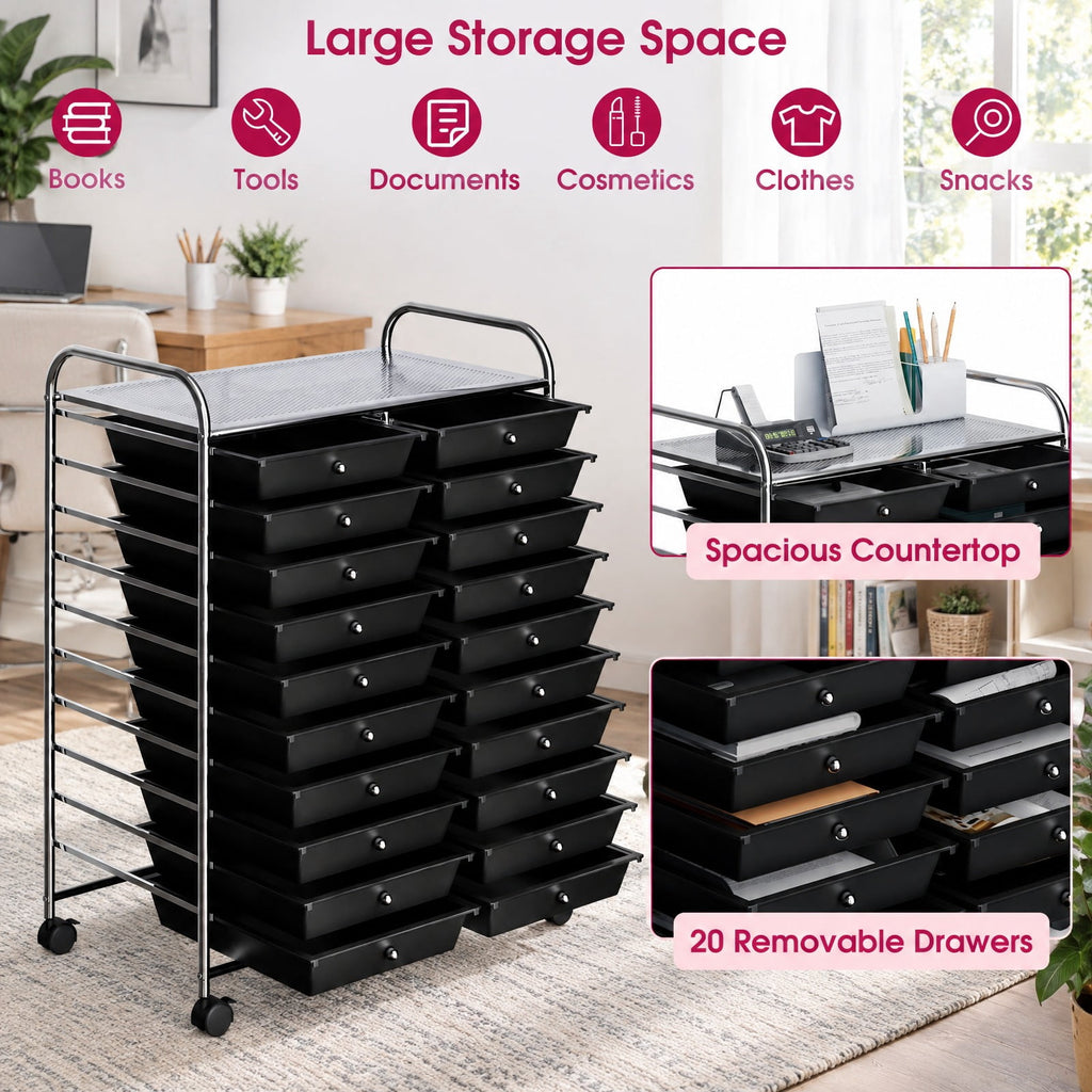 Airfind 20 Drawers Storage Rolling Cart Studio Organizer, Steel Frame, 25 Inch x15 Inch x 34 Inch Footprint, Black