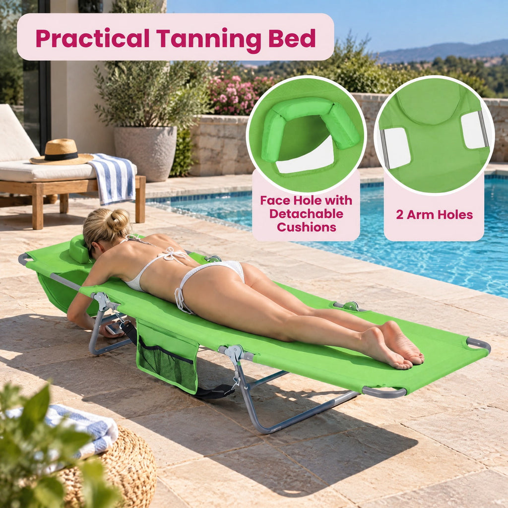 Airfind Folding Beach Lounge Chair with Adjustable Backrest for Lawn, 330 lbs Capacity, Metal Oxford Fabric Polyester Sponge Frame, Green