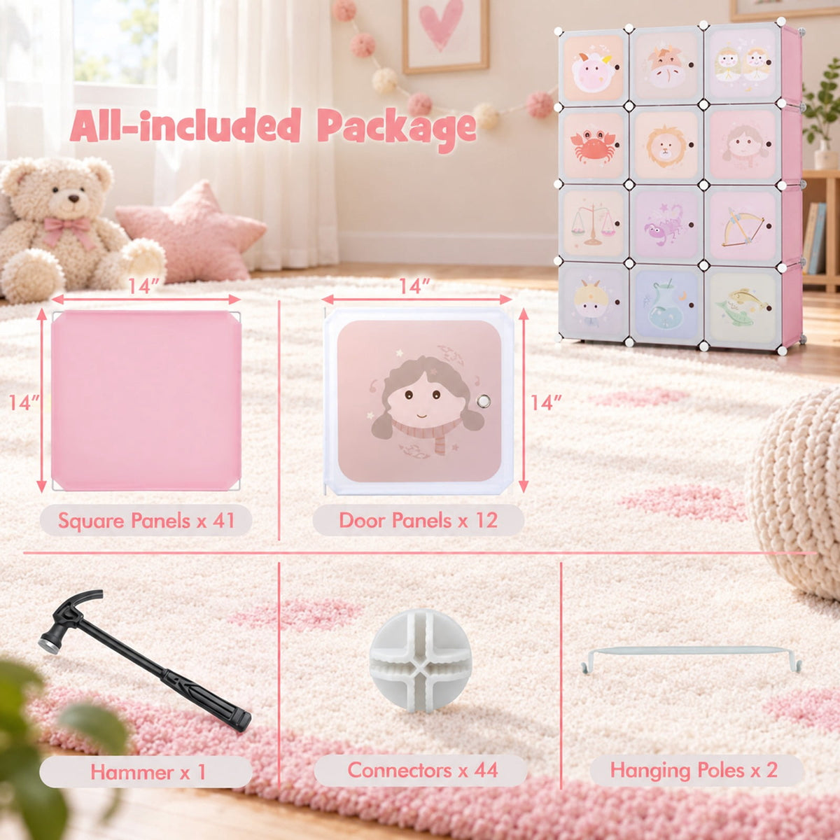 Airfind 12 Cube Kids Wardrobe Closet with Hanging Section and Doors, PP Metal Frame, 43 Inch x 14 Inch x 57 Inch Footprint, Pink