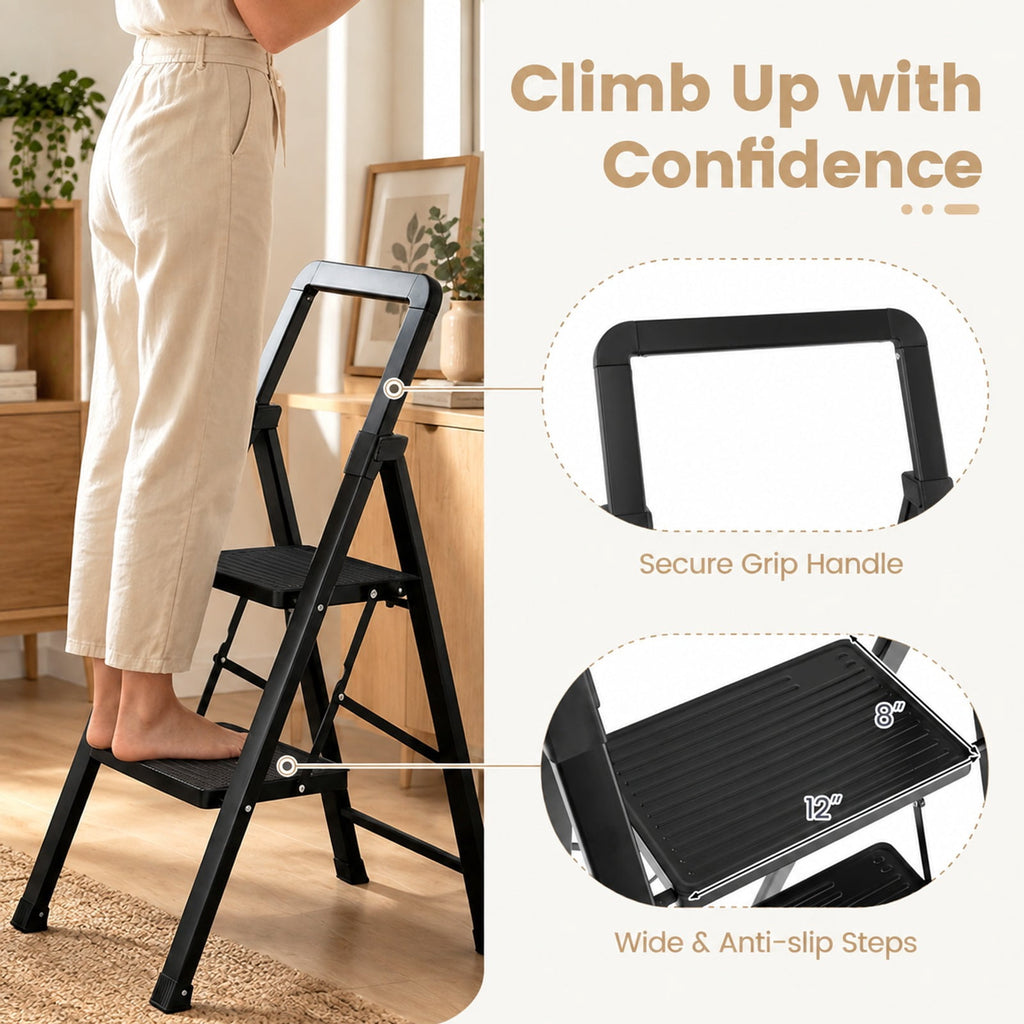 Airfind 2 Step Black Folding Step Stool with Wide Anti, 330 lbs Capacity, Metal PE Frame, Black, Overall Dimensions 2-Step 16.5 x 20 x