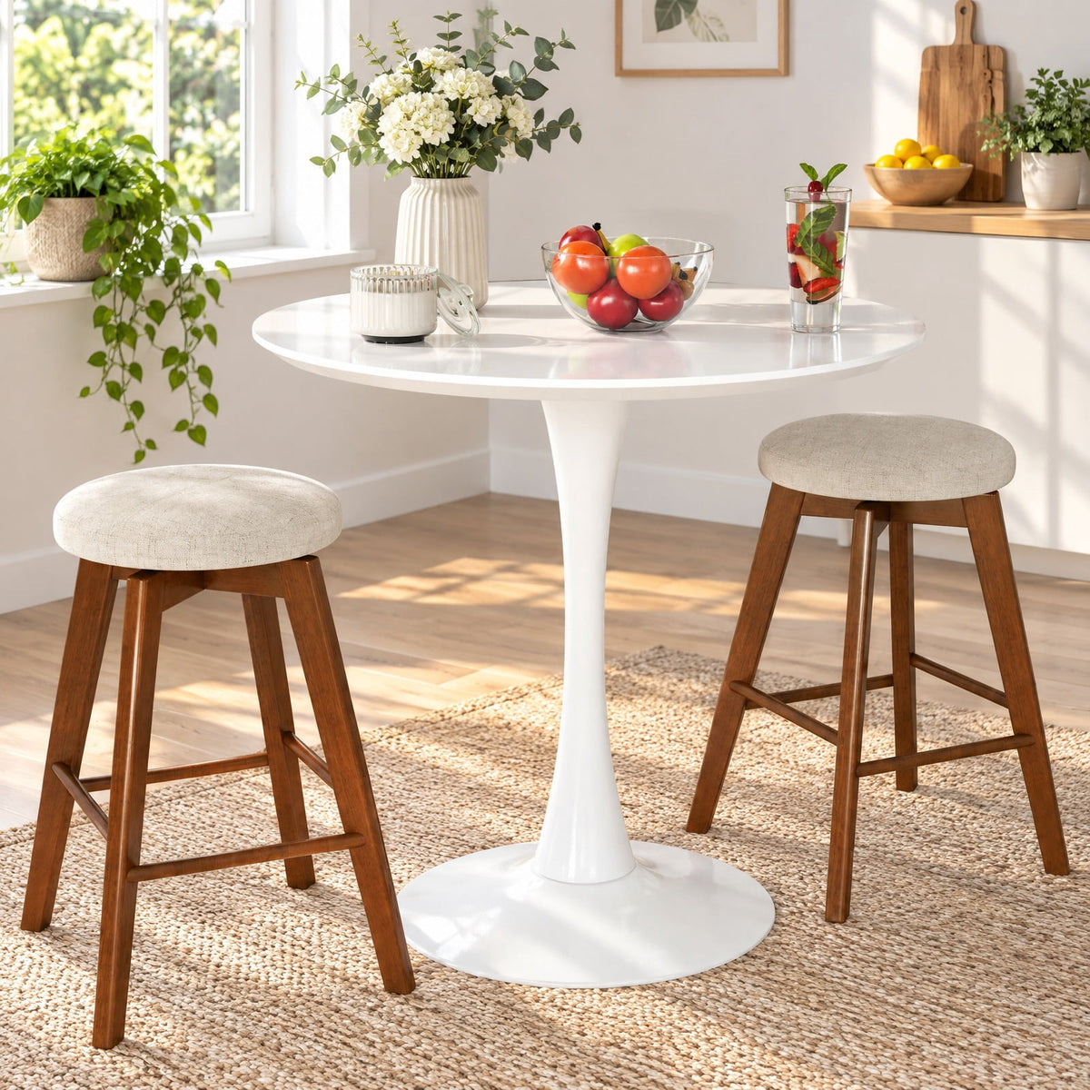 Airfind 2 Pieces 26 Inch Backless Swivel Barstools with Linen Fabric Seat, 330 lbs Capacity, Linen Fabric Sponge Rubber Wood Metal Frame, Beige