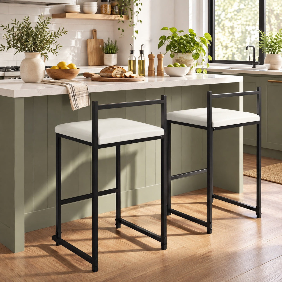 Airfind Set of 2 Stackable Counter Height Bar Stools PU Leather Upholstered with Footrest, 400 lbs Capacity, 16 Inch x 18 Inch x 33.5 Inch Footprint, Black