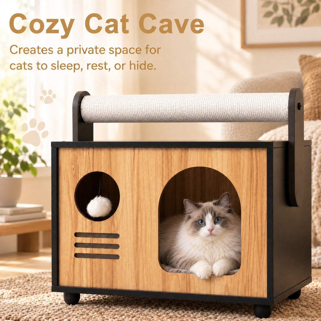 Airfind Wooden Cat House with Scratching Post, 33 lbs Capacity, Engineered Wood Frame, 19 Inch x 12 Inch x 17.5 Inch Height of Cat House 12 Inch Footprint, Black